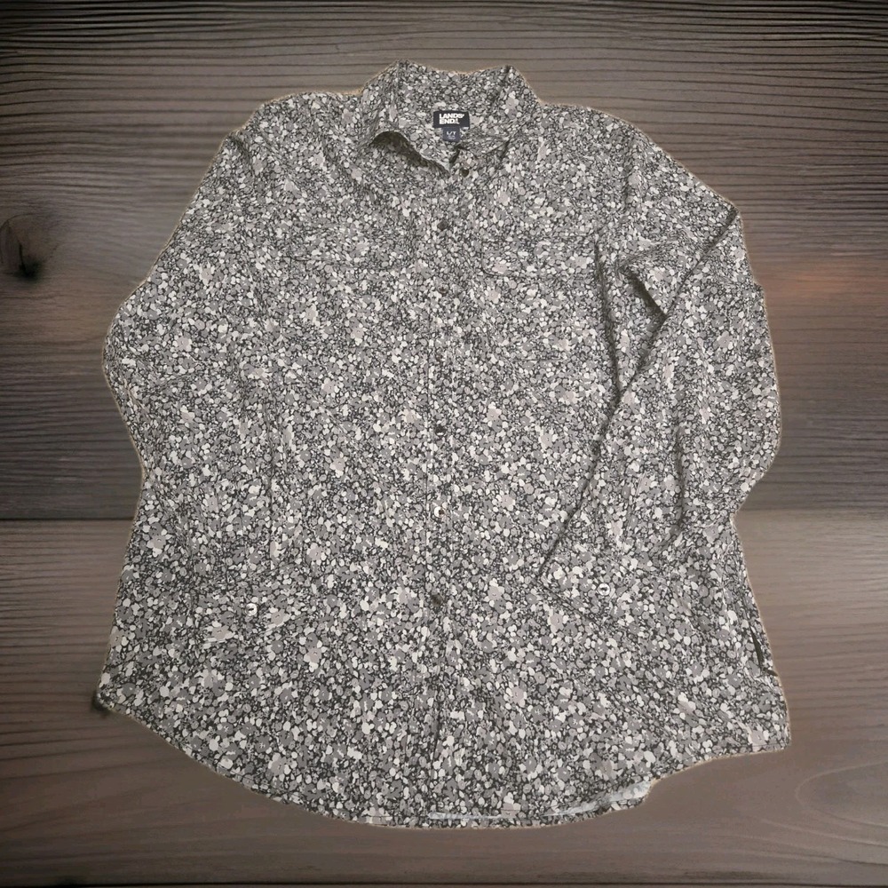 Lands' End Womens Gray Ditsy Floral Button Up Long Sleeve Shirt Top Sz L/T 14-16